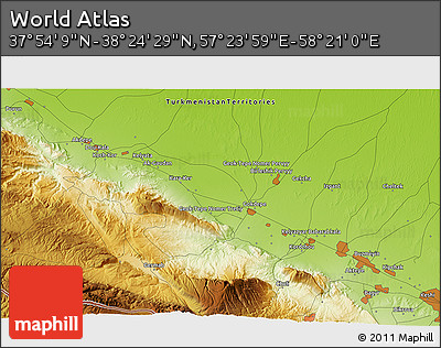 Physical 3D Map of the Area around 38° 9' 19" N, 57° 52' 30" E