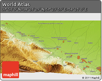 Physical 3D Map of the Area around 38° 9' 19" N, 57° 52' 30" E