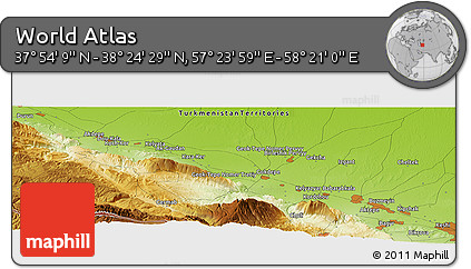 Physical Panoramic Map of the Area around 38° 9' 19" N, 57° 52' 30" E