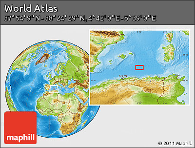 Physical Location Map of the Area around 38° 9' 19" N, 5° 10' 30" E