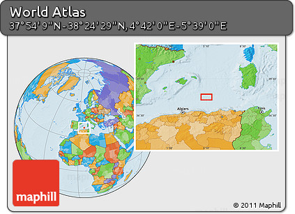 Political Location Map of the Area around 38° 9' 19" N, 5° 10' 30" E