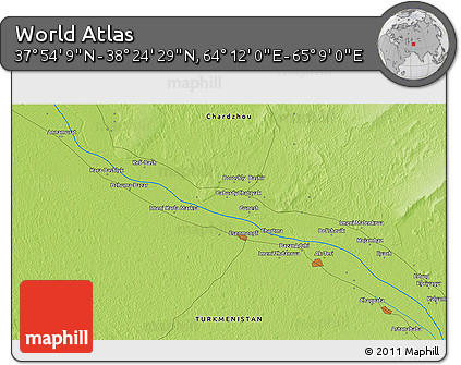 Physical 3D Map of the Area around 38° 9' 19" N, 64° 40' 30" E