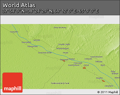 Physical 3D Map of the Area around 38° 9' 19" N, 64° 40' 30" E