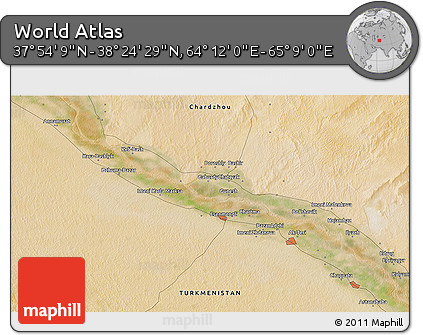 Satellite 3D Map of the Area around 38° 9' 19" N, 64° 40' 30" E