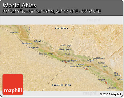 Satellite 3D Map of the Area around 38° 9' 19" N, 64° 40' 30" E
