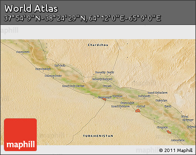 Satellite 3D Map of the Area around 38° 9' 19" N, 64° 40' 30" E