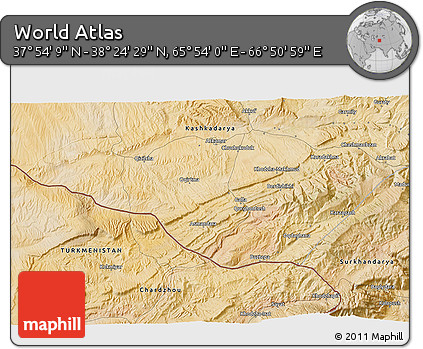 Satellite 3D Map of the Area around 38° 9' 19" N, 66° 22' 30" E
