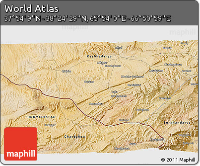 Satellite 3D Map of the Area around 38° 9' 19" N, 66° 22' 30" E