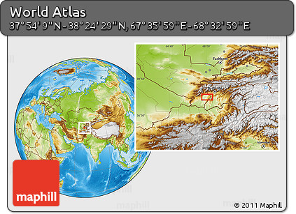 Physical Location Map of the Area around 38° 9' 19" N, 68° 4' 29" E