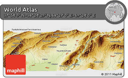 Physical Panoramic Map of the Area around 38° 9' 19" N, 68° 55' 30" E