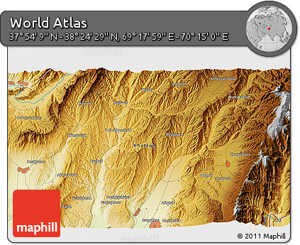Physical 3D Map of the Area around 38° 9' 19" N, 69° 46' 30" E