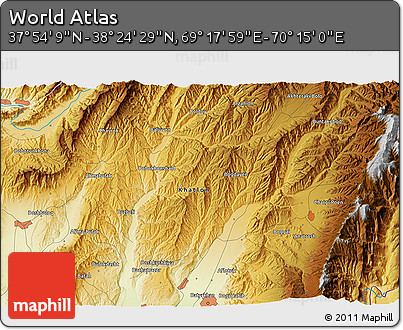 Physical 3D Map of the Area around 38° 9' 19" N, 69° 46' 30" E