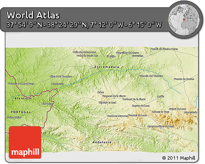 Physical 3D Map of the Area around 38° 9' 19" N, 6° 43' 29" W