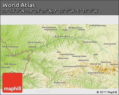 Physical 3D Map of the Area around 38° 9' 19" N, 6° 43' 29" W