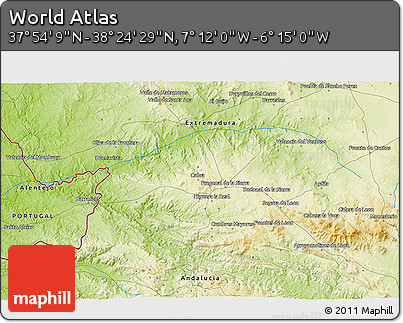 Physical 3D Map of the Area around 38° 9' 19" N, 6° 43' 29" W