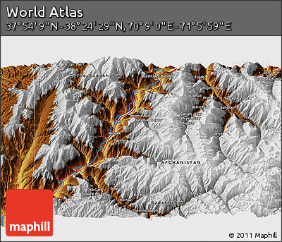 Physical 3D Map of the Area around 38° 9' 19" N, 70° 37' 30" E