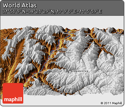 Physical 3D Map of the Area around 38° 9' 19" N, 70° 37' 30" E