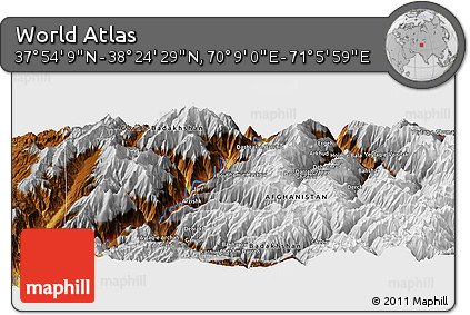 Physical Panoramic Map of the Area around 38° 9' 19" N, 70° 37' 30" E