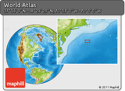 Physical Location Map of the Area around 38° 9' 19" N, 70° 28' 29" W