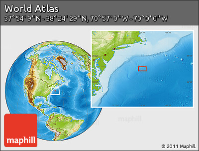 Physical Location Map of the Area around 38° 9' 19" N, 70° 28' 29" W