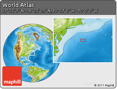 Physical Location Map of the Area around 38° 9' 19" N, 70° 28' 29" W