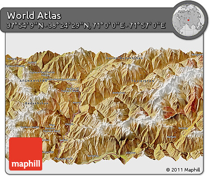 Satellite 3D Map of the Area around 38° 9' 19" N, 71° 28' 29" E