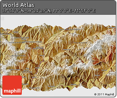 Satellite 3D Map of the Area around 38° 9' 19" N, 71° 28' 29" E
