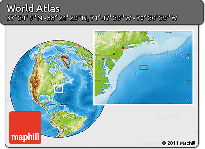 Physical Location Map of the Area around 38° 9' 19" N, 71° 19' 29" W