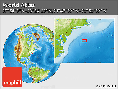 Physical Location Map of the Area around 38° 9' 19" N, 71° 19' 29" W