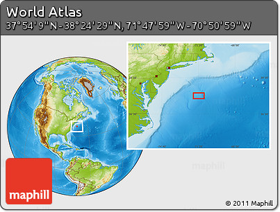Physical Location Map of the Area around 38° 9' 19" N, 71° 19' 29" W