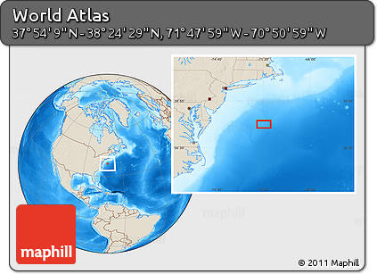 Shaded Relief Location Map of the Area around 38° 9' 19" N, 71° 19' 29" W