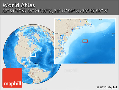 Shaded Relief Location Map of the Area around 38° 9' 19" N, 71° 19' 29" W