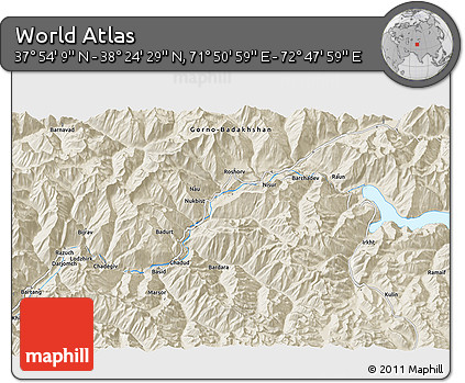 Shaded Relief 3D Map of the Area around 38° 9' 19" N, 72° 19' 29" E