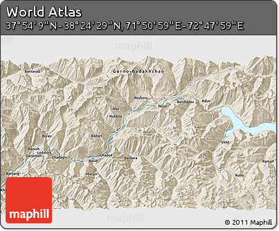 Shaded Relief 3D Map of the Area around 38° 9' 19" N, 72° 19' 29" E