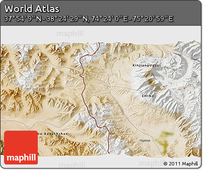 Satellite 3D Map of the Area around 38° 9' 19" N, 74° 52' 30" E