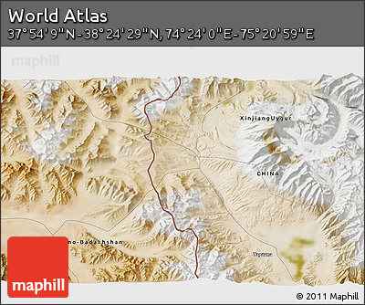 Satellite 3D Map of the Area around 38° 9' 19" N, 74° 52' 30" E