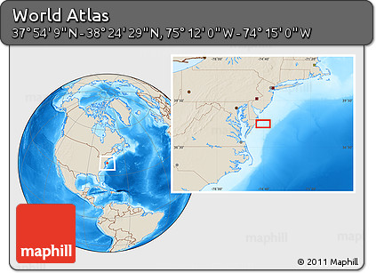 Shaded Relief Location Map of the Area around 38° 9' 19" N, 74° 43' 29" W