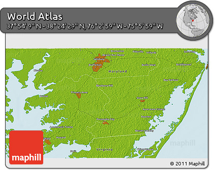 Physical 3D Map of the Area around 38° 9' 19" N, 75° 34' 29" W
