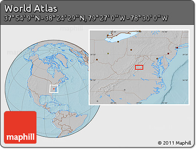 Gray Location Map of the Area around 38° 9' 19" N, 78° 58' 29" W, hill shading