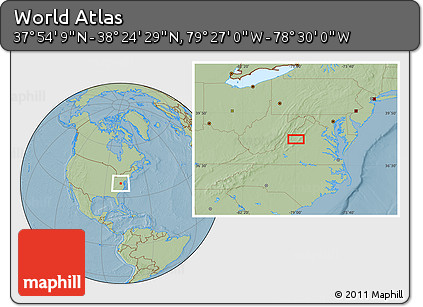 Savanna Style Location Map of the Area around 38° 9' 19" N, 78° 58' 29" W, hill shading