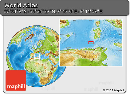 Physical Location Map of the Area around 38° 9' 19" N, 7° 43' 29" E