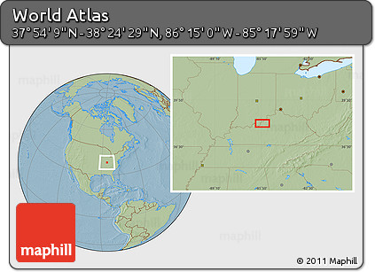 Savanna Style Location Map of the Area around 38° 9' 19" N, 85° 46' 30" W, hill shading