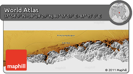 Physical Panoramic Map of the Area around 38° 9' 19" N, 86° 46' 30" E