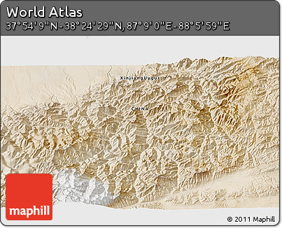 Satellite 3D Map of the Area around 38° 9' 19" N, 87° 37' 30" E