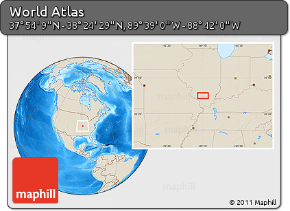 Shaded Relief Location Map of the Area around 38° 9' 19" N, 89° 10' 30" W