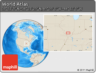 Shaded Relief Location Map of the Area around 38° 9' 19" N, 89° 10' 30" W