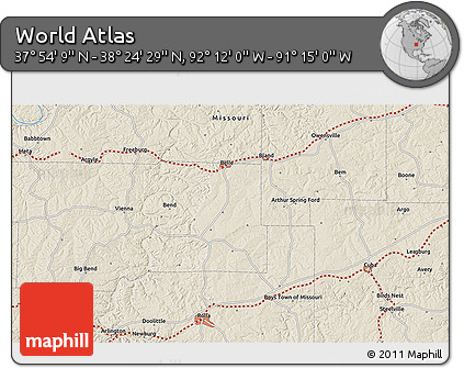 Shaded Relief 3D Map of the Area around 38° 9' 19" N, 91° 43' 29" W