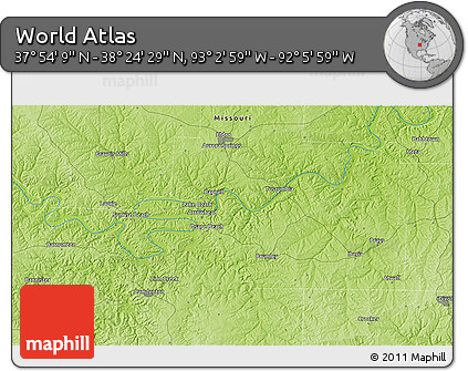 Physical 3D Map of the Area around 38° 9' 19" N, 92° 34' 29" W