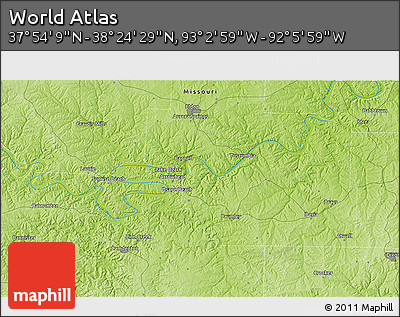 Physical 3D Map of the Area around 38° 9' 19" N, 92° 34' 29" W