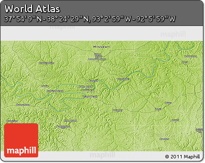 Physical 3D Map of the Area around 38° 9' 19" N, 92° 34' 29" W